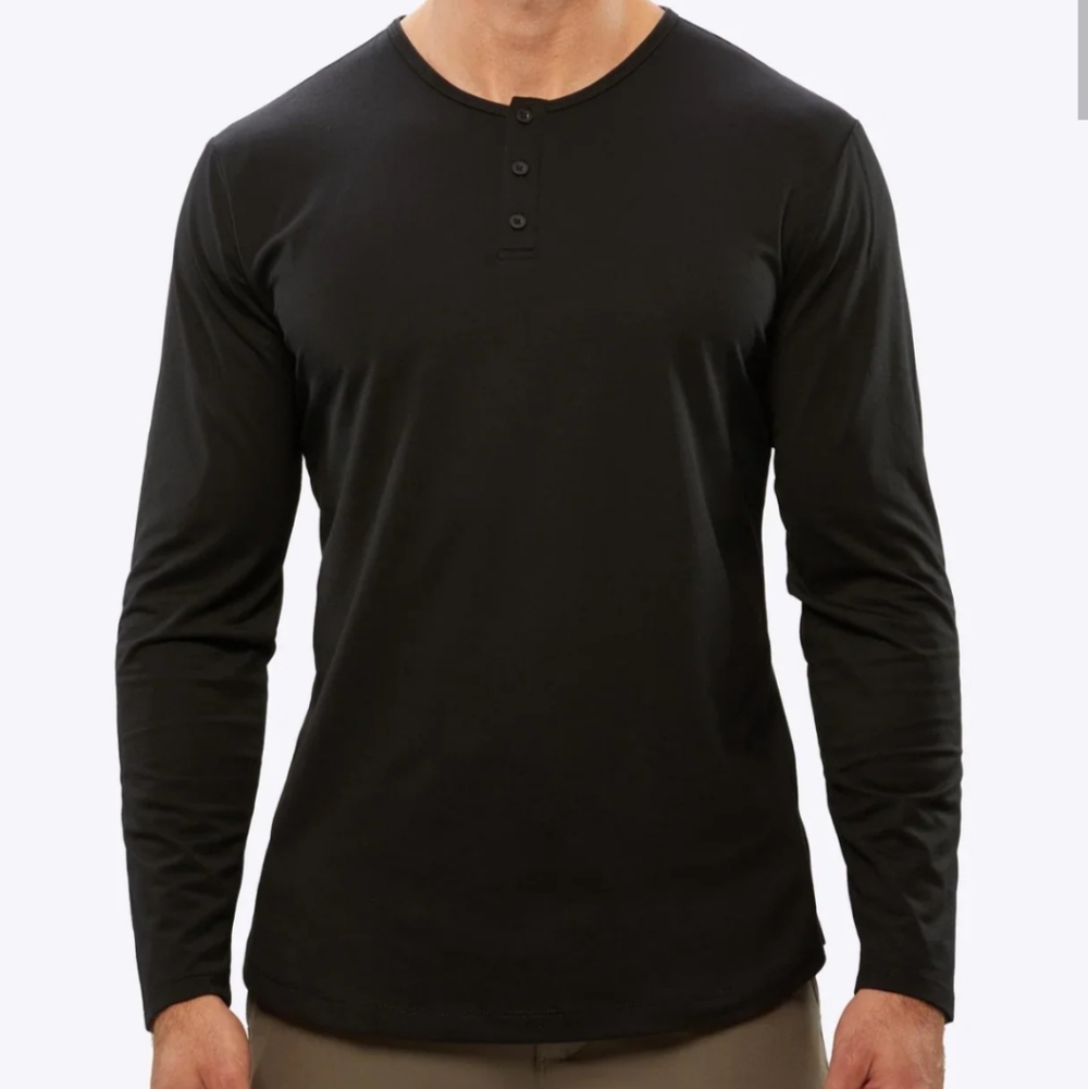 Men's Cuts Henley Curve Hem Black Long Sleeve Shirt Size Large Classic Comfort